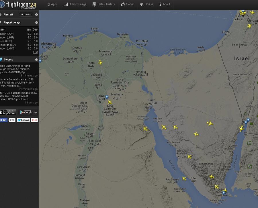 FlightRadar24: Авиакомпании прекратили полёты над севером Синайскогополуострова — РТ на русском