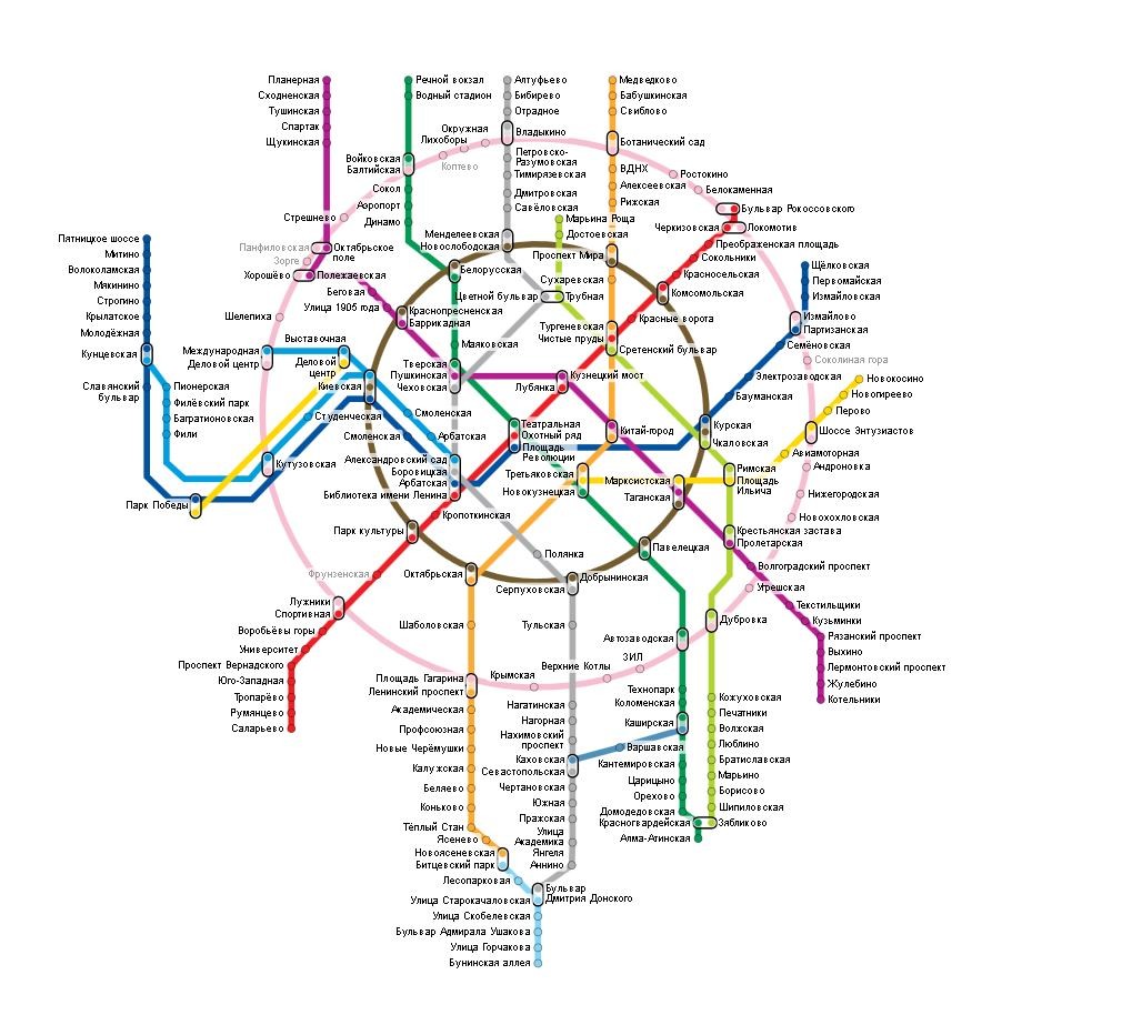 Карта Москвы с указанием расположения станций и линий метро
