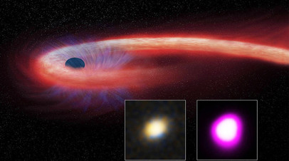 Гибель звезды у чёрной дыры XJ1500+0154 в представлении художника. В нижней части — фото происходящего:  в видимом спектре (слева), в рентгеновском диапазоне