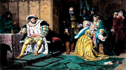 Генрих VIII обвиняет Анну в измене. Гравюра с картины К. Пилоти, 1880