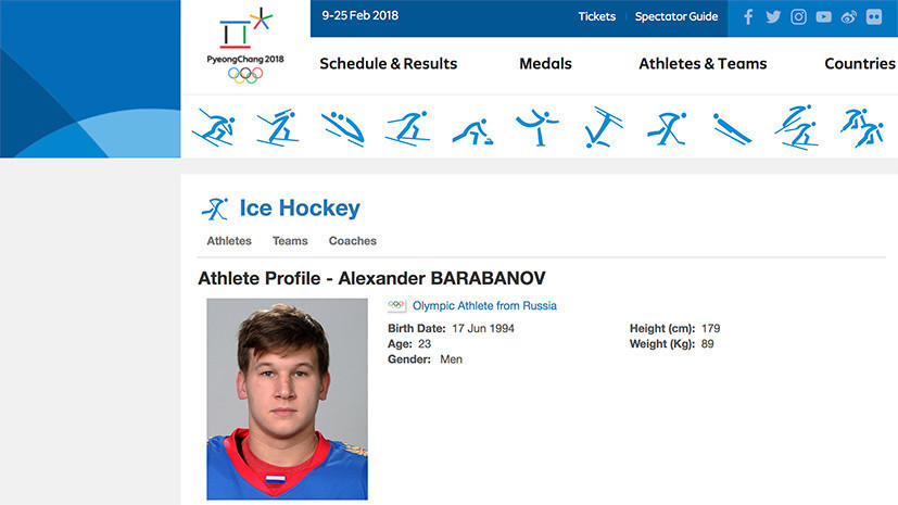 На сайте Олимпийских игр в Пхёнчхане опубликованы фото российских хоккеистов с национальным флагом на экипировке