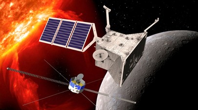 Изображение двух аппаратов BepiColombo, работающих на орбитах Меркурия 