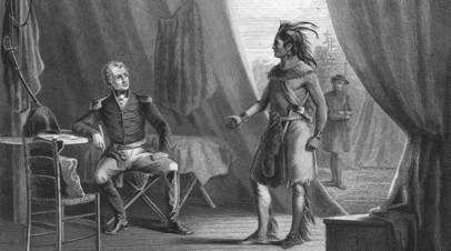 Генерал Эндрю Джексон и вождь верхних криков Уильям Уизерфорд после битвы у Подковной излучины. 1814