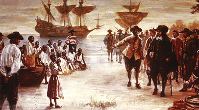 Прибытие в Джеймстаун, Вирджиния, английского корабля с группой африканских рабов для продажи, 1619 год