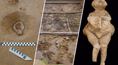 Расчищенная раковина моллюска, раскоп в Хотылёво-2 и палеолитическая Венера
