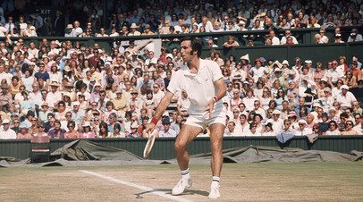 July 1973: Soviet tennis star Alex Metreveli in action at the Wimbledon Tennis Championships.