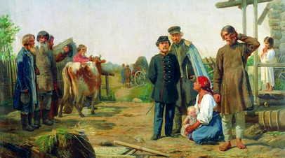 А.И. Корзухин. «Сбор недоимок» (Уводят последнюю корову). Картина 1868 г.