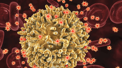Компьютерная иллюстрация поражения ВИЧ клетки иммунной системы