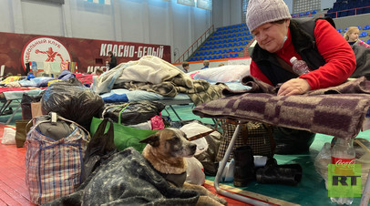 Эвакуированная из Мариуполя Надежда Викторовна и её пёс Тузик в пункте временного размещения в Таганроге