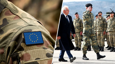 Символика ЕС / глава дипломатии Евросоюза Жозеп Боррель среди военных