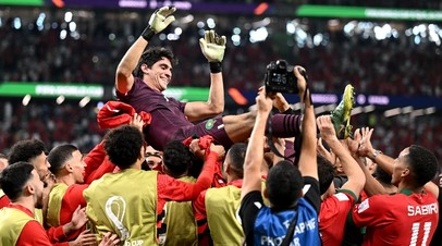 Футболисты сборной Марокко после победы над командой Испании на ЧМ-2022