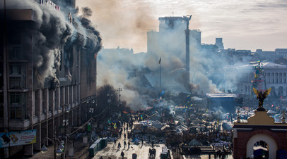 Центр Киева в период ожесточённых столкновений между протестующими и силовиками