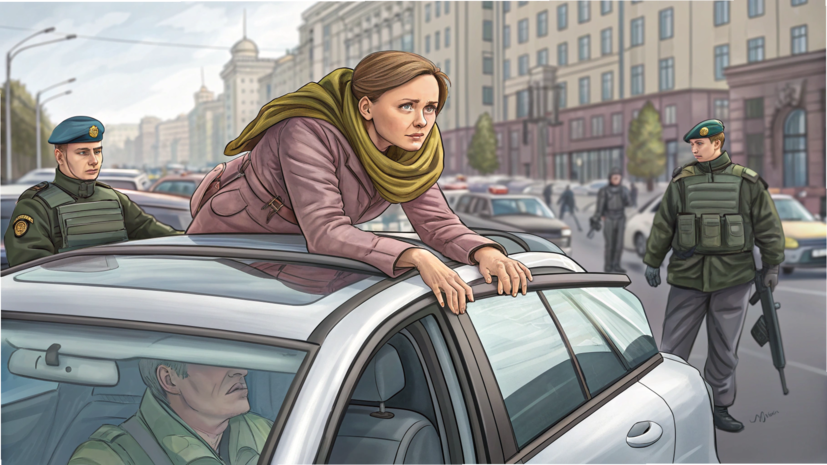 Жена мобилизованного вцепилась в крышу автомобиля ТЦК, чтобы помешать военкомам