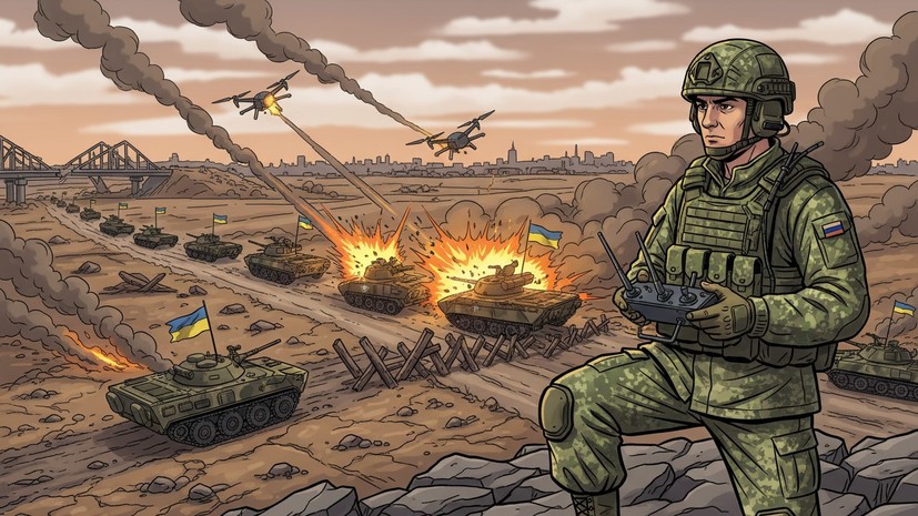 Боец ВС России Филин двумя ударами парализовал движение колонны ВСУ