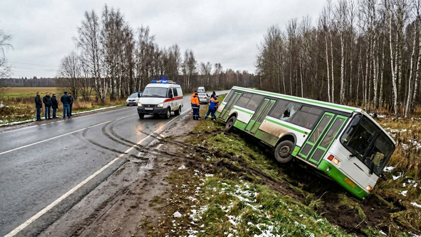Автобус съехал в кювет и опрокинулся в Подмосковье