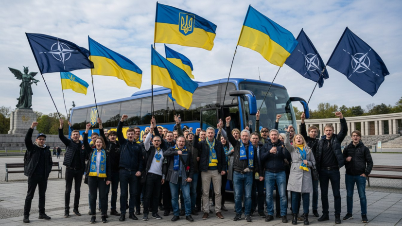 Автобус с украинскими провокаторами приехал из Киева в Трептов-парк в Берлине