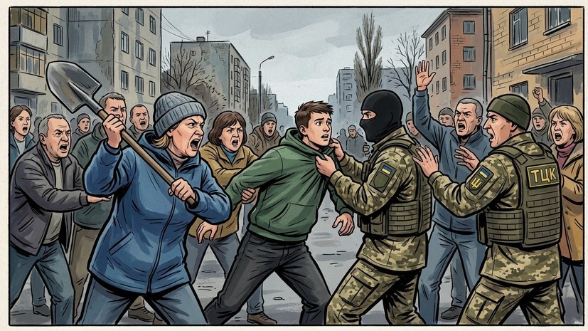 На Украине прохожие с криками и лопатой отбили мобилизованного у сотрудников ТЦК