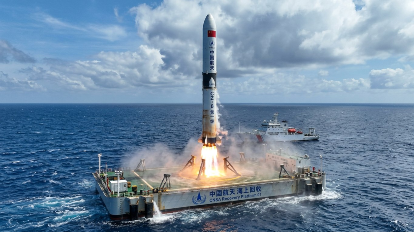 Китай впервые вернул первую ступень ракеты на платформу в море