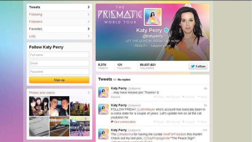 Королева Twitter: число подписчиков певицы Кэти Перри составило 50 млн