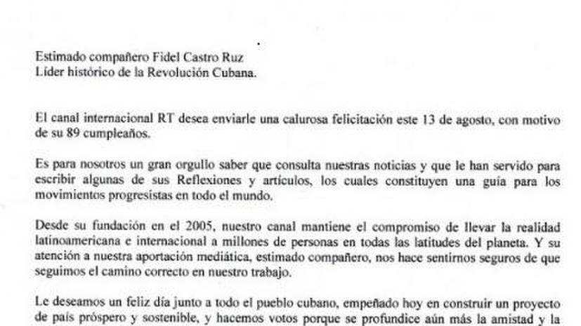 Кубинские СМИ рассказали о поздравительном письме телеканала RT Фиделю Кастро